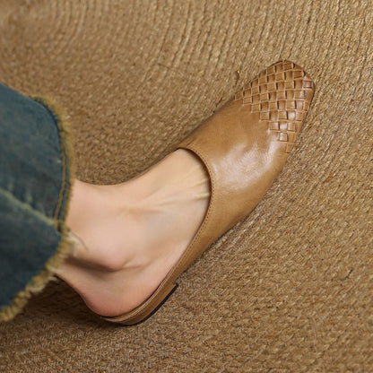 Square Toe Woven Low Heel Slip-On Mules