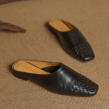 Square Toe Woven Low Heel Slip-On Mules