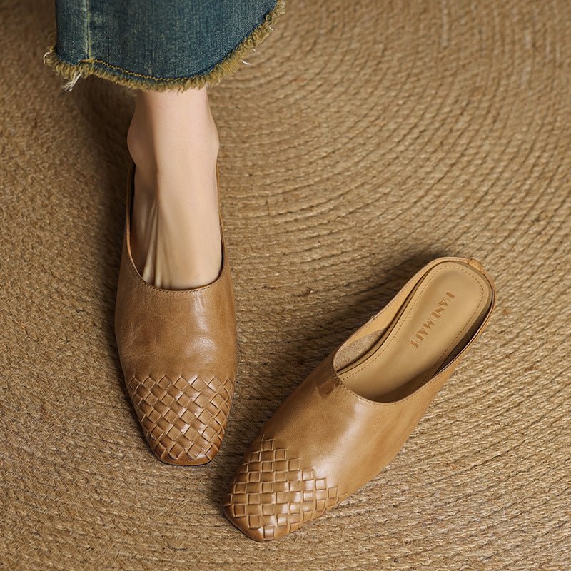 Square Toe Woven Low Heel Slip-On Mules