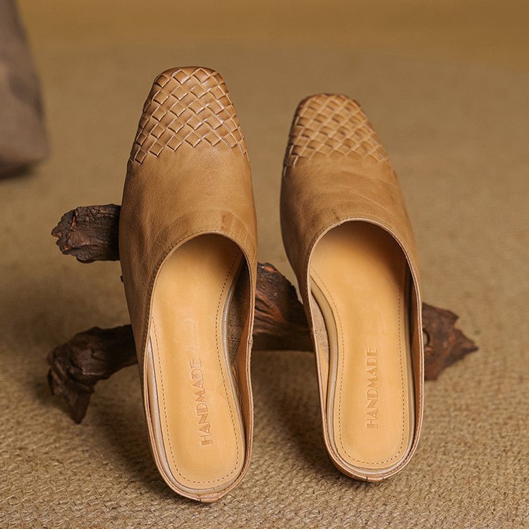 Square Toe Woven Low Heel Slip-On Mules