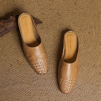 Square Toe Woven Low Heel Slip-On Mules