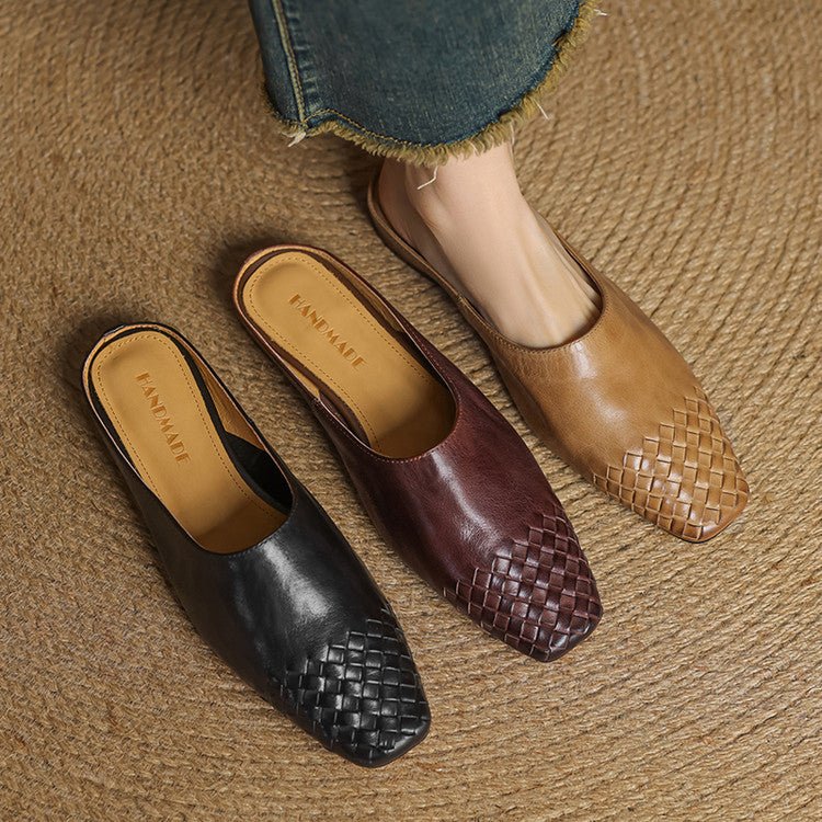 Square Toe Woven Low Heel Slip-On Mules