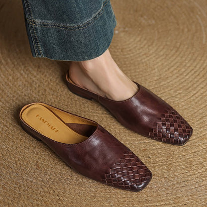 Square Toe Woven Low Heel Slip-On Mules