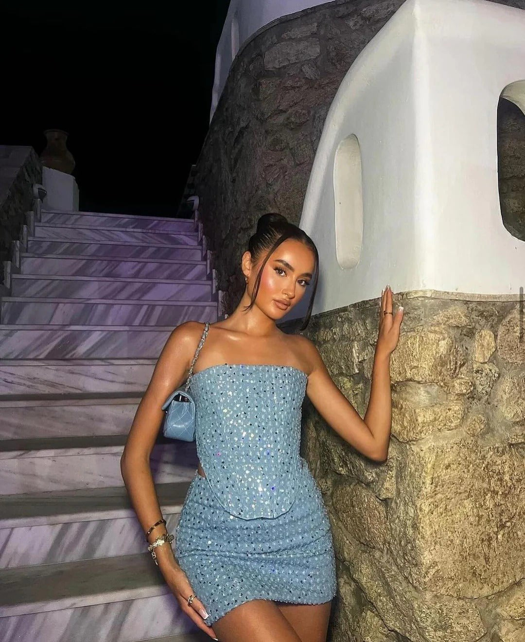 Sparkle Denim Bandeau and Mini Skirt Co-ord Set