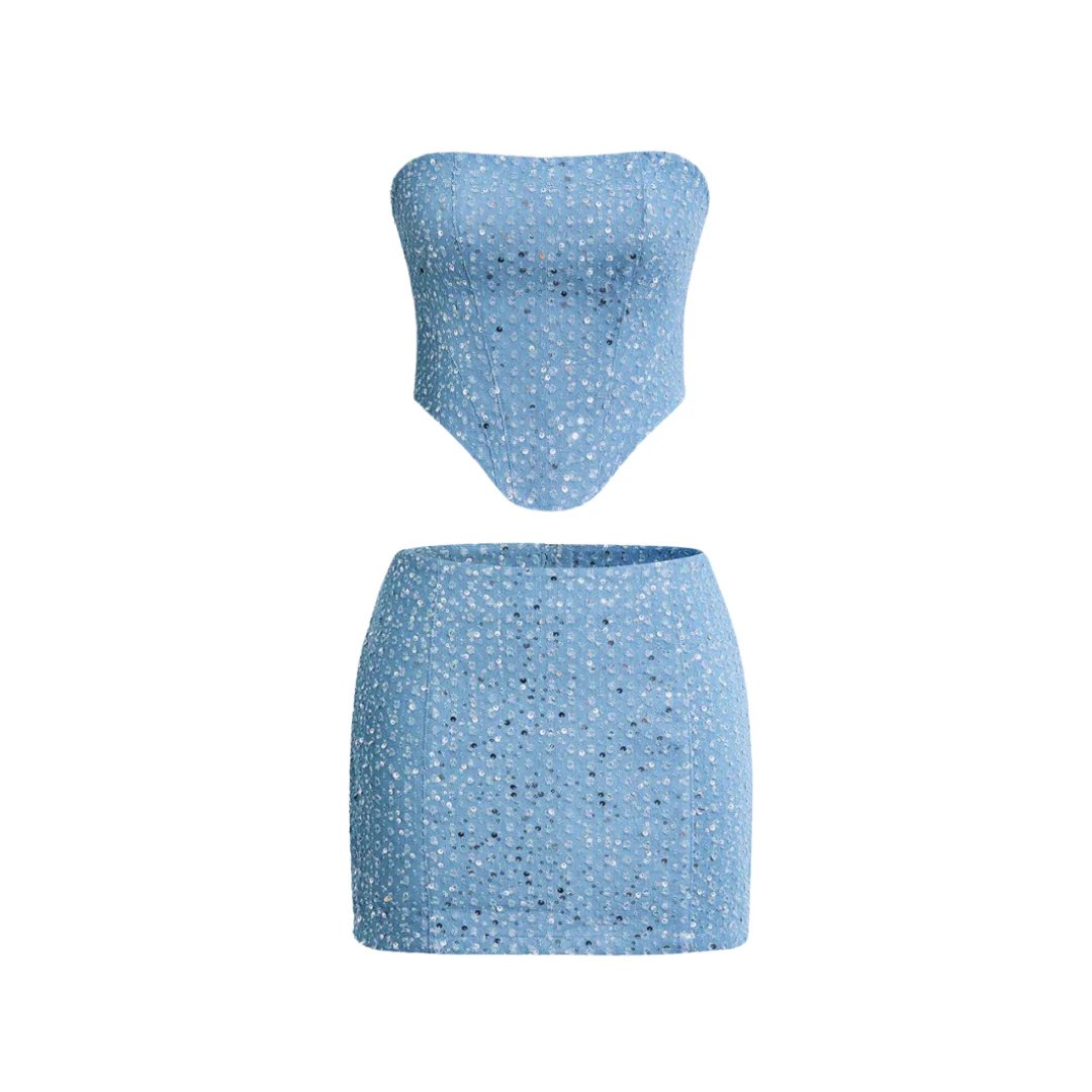 Sparkle Denim Bandeau and Mini Skirt Co-ord Set