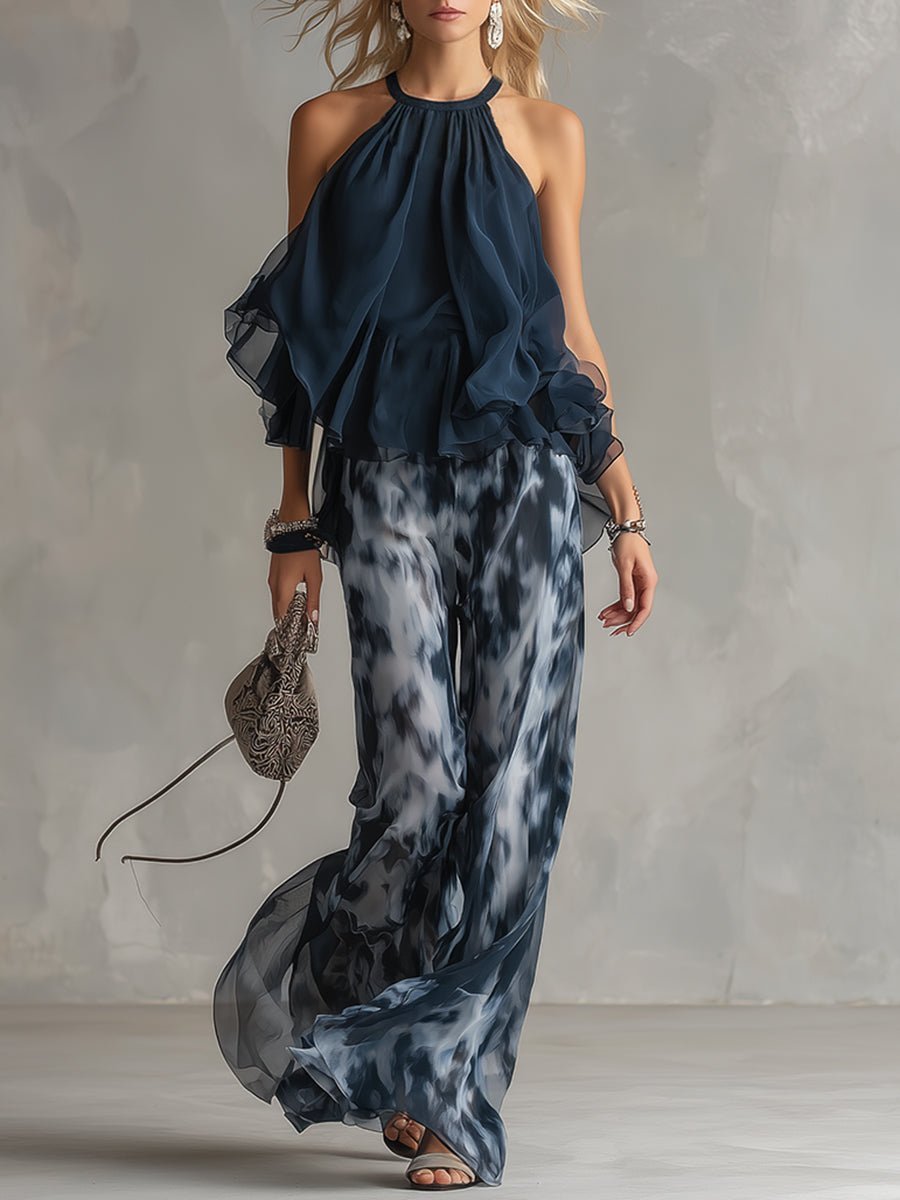 Ruffled Halter Top and Wide-Leg Trousers Set