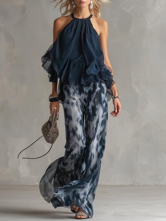 Ruffled Halter Top and Wide-Leg Trousers Set