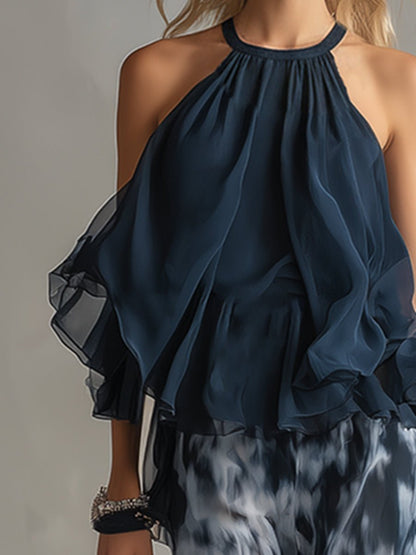 Ruffled Halter Top and Wide-Leg Trousers Set