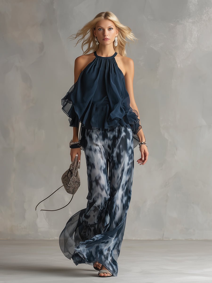 Halterneck Chiffon Top and Fluid Wide-Leg Trousers Set