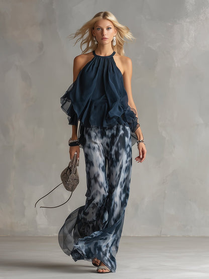 Halterneck Chiffon Top and Fluid Wide-Leg Trousers Set