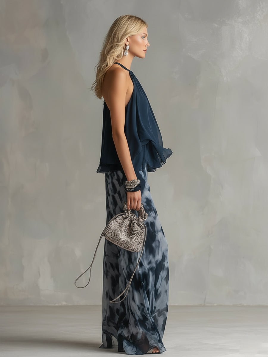 Halterneck Chiffon Top and Fluid Wide-Leg Trousers Set