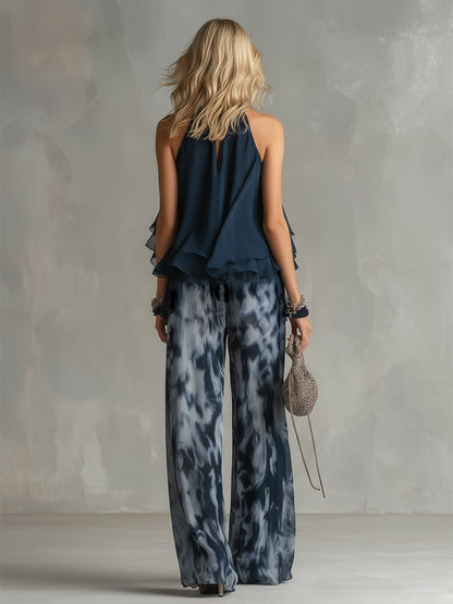 Halterneck Chiffon Top and Fluid Wide-Leg Trousers Set
