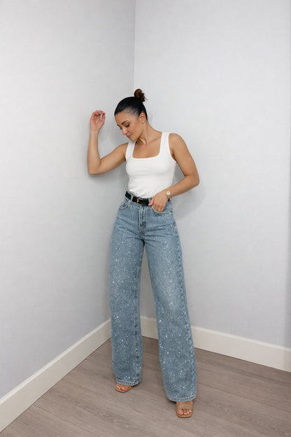 High-Rise Straight Leg Shimmer Jeans