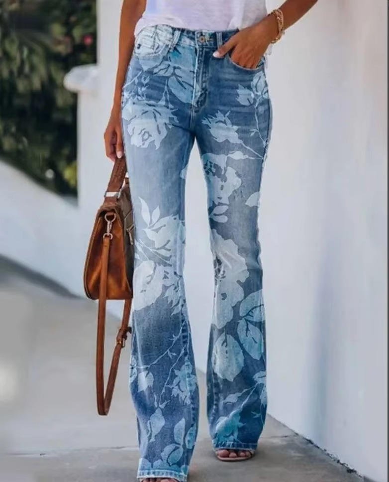 Women's Botanical Print Flared Denim Jeans