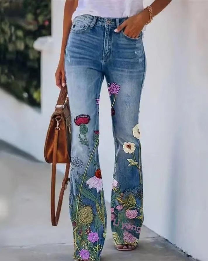 Women's Botanical Print Flared Denim Jeans