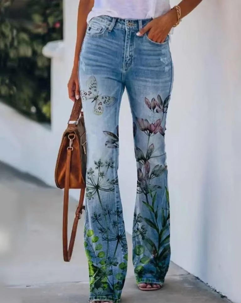 Women's Botanical Print Flared Denim Jeans
