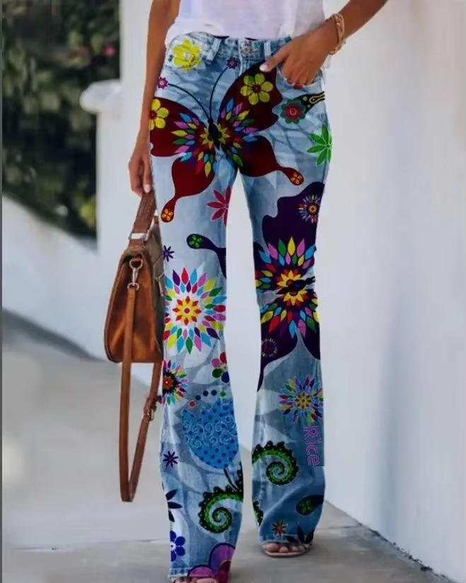 Women's Botanical Print Flared Denim Jeans