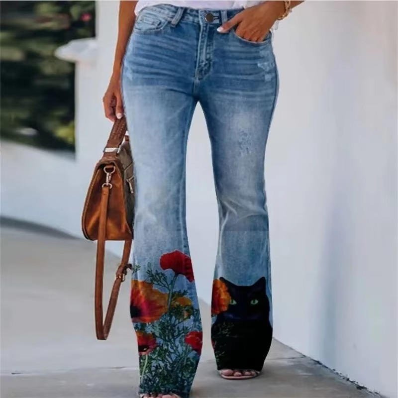 Women's Botanical Print Flared Denim Jeans