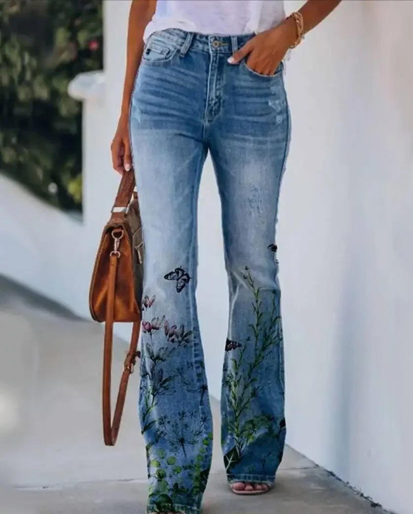 Women's Botanical Print Flared Denim Jeans