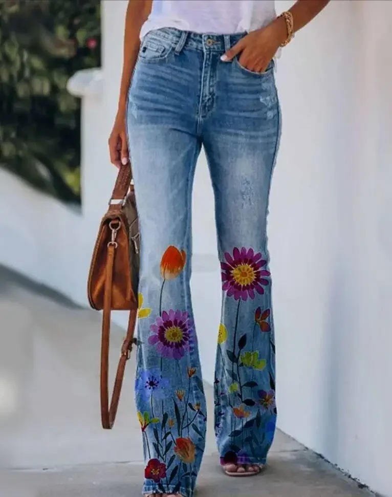 Women's Botanical Print Flared Denim Jeans