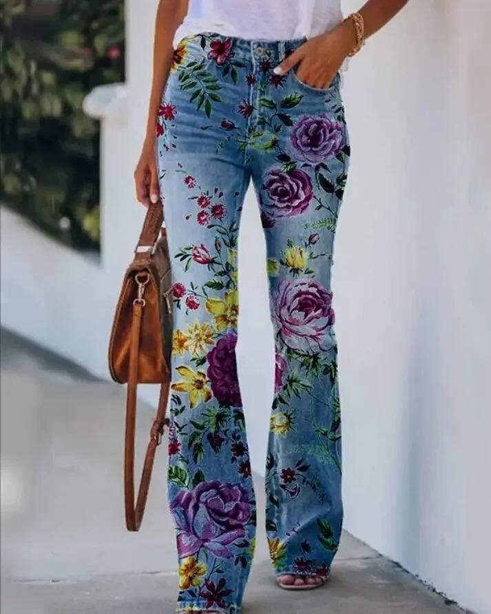 Women's Botanical Print Flared Denim Jeans