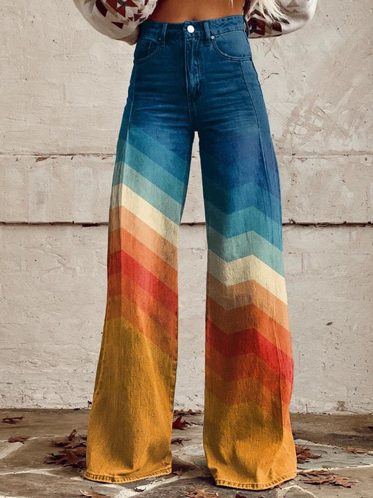 Retro Sunset Chevron Wide-Leg Trousers