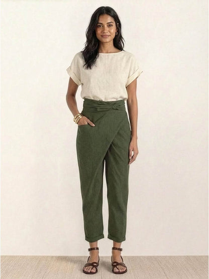 High-Waisted Tie-Belt Cropped Tapered Trousers