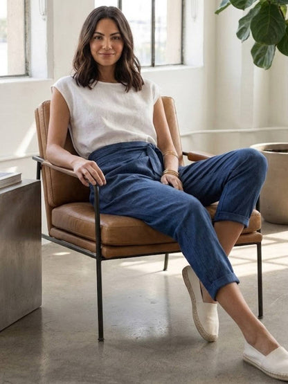 High-Waisted Tie-Belt Cropped Tapered Trousers