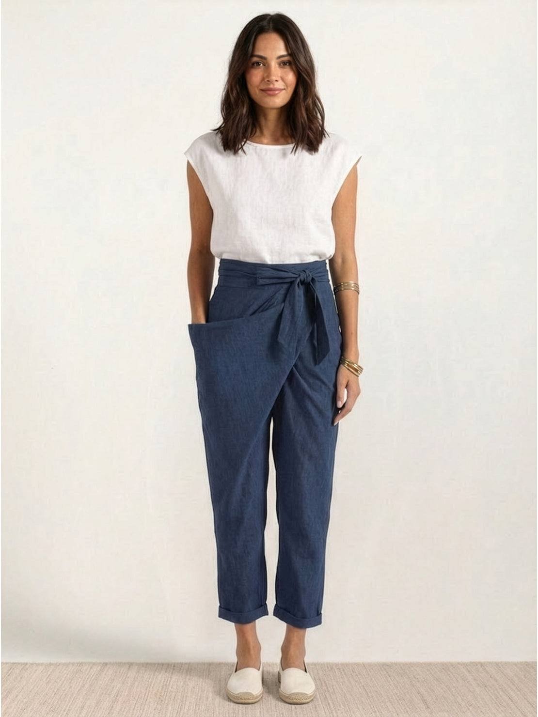 High-Waisted Tie-Belt Cropped Tapered Trousers
