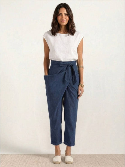 High-Waisted Tie-Belt Cropped Tapered Trousers