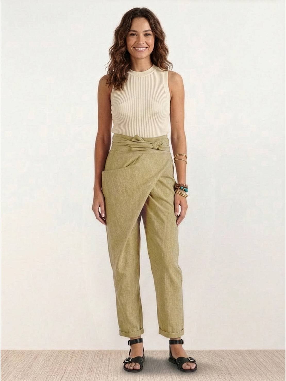 High-Waisted Tie-Belt Cropped Tapered Trousers
