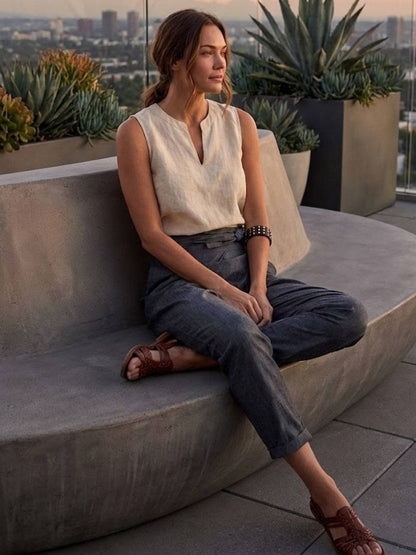 High-Waisted Tie-Belt Cropped Tapered Trousers