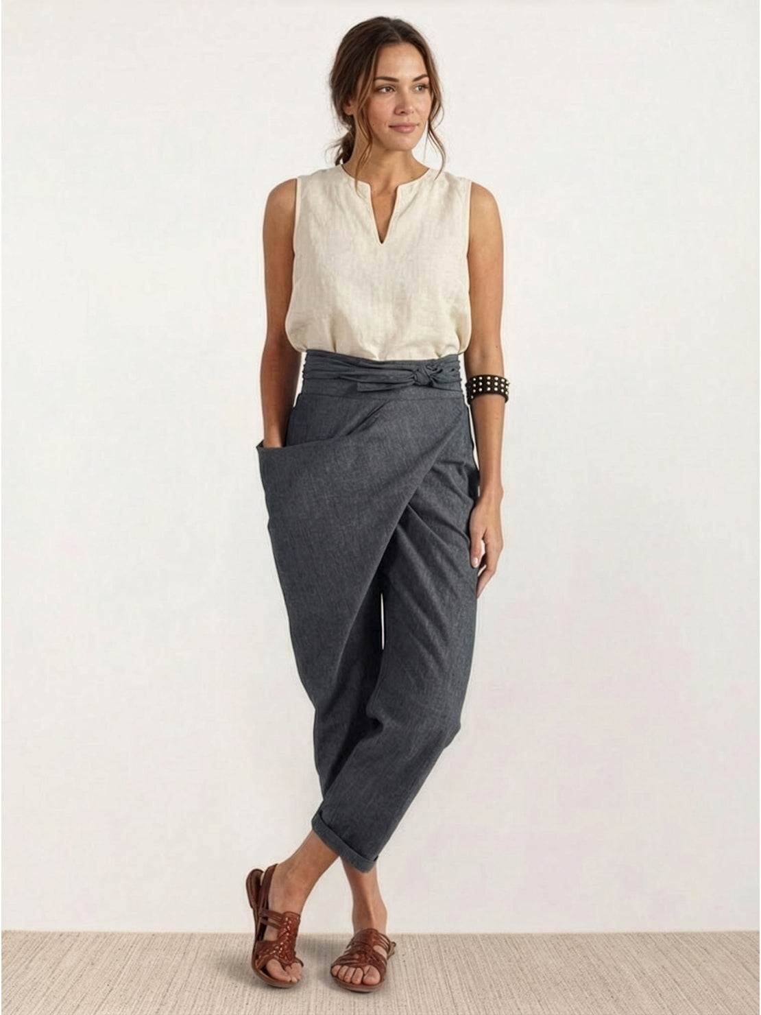 High-Waisted Tie-Belt Cropped Tapered Trousers