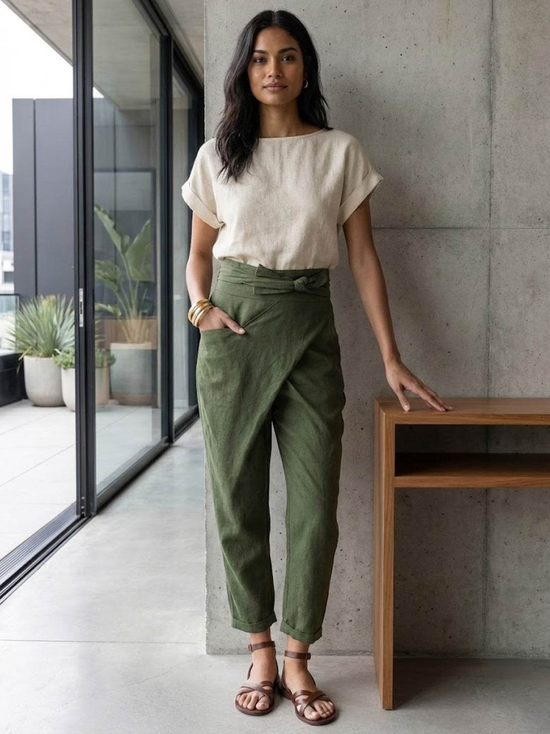 High-Waisted Tie-Belt Cropped Tapered Trousers