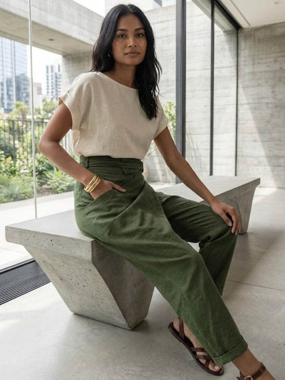 High-Waisted Tie-Belt Cropped Tapered Trousers