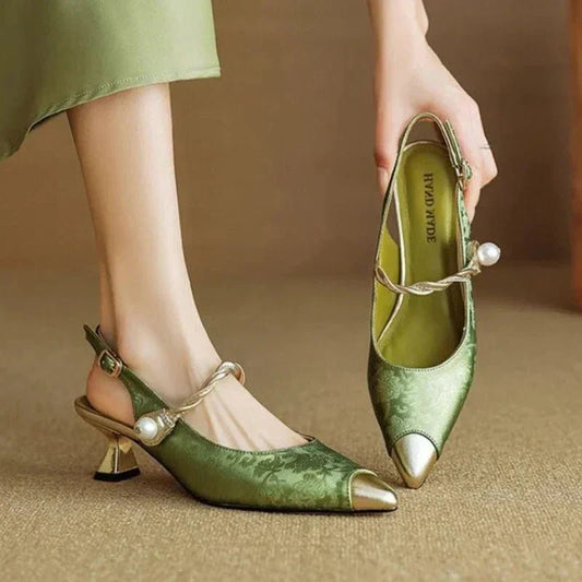 Women's Floral Jacquard Slingback Heels with Faux Pearl Strap