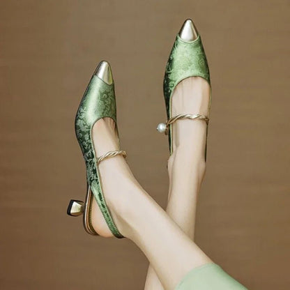 Women's Floral Jacquard Slingback Heels with Faux Pearl Strap