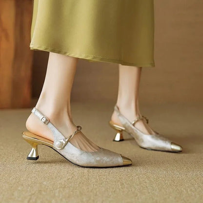 Women's Floral Jacquard Slingback Heels with Faux Pearl Strap