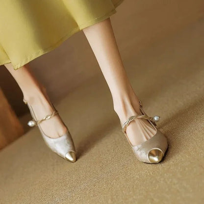 Women's Floral Jacquard Slingback Heels with Faux Pearl Strap