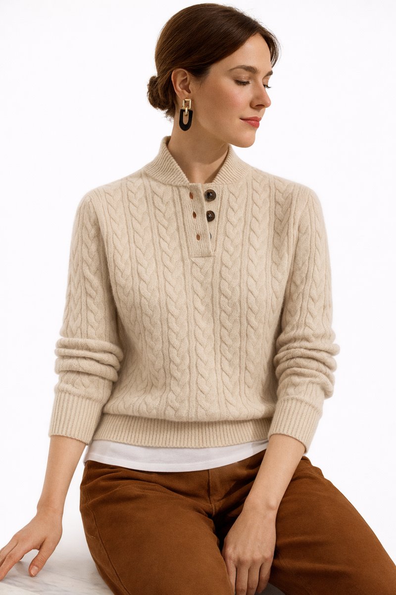 Wool-Blend Buttoned Funnel Neck Jumper