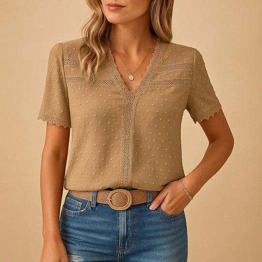 Swiss Dot Lace Trim Short Sleeve Top