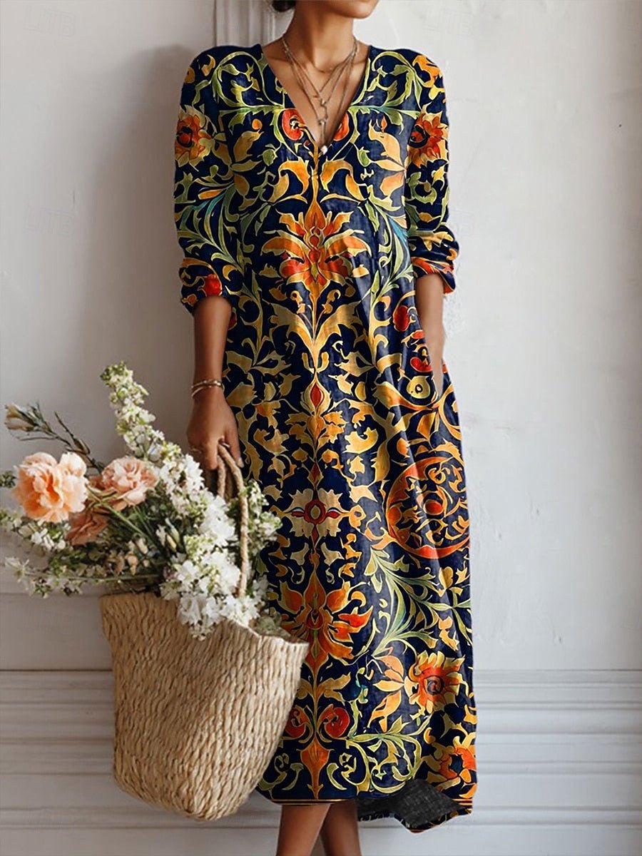 Pure Cotton Baroque Pattern Midi Dress