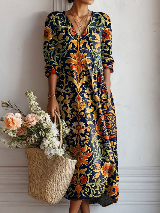 Pure Cotton Baroque Pattern Midi Dress
