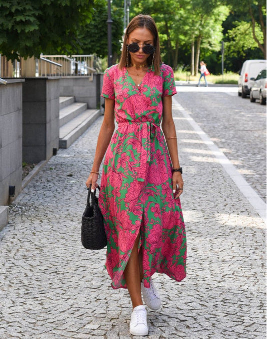 Botanical Print Cotton Wrap Midi Dress with Waist Tie