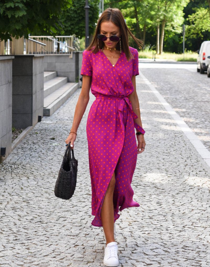 Botanical Print Cotton Wrap Midi Dress with Waist Tie