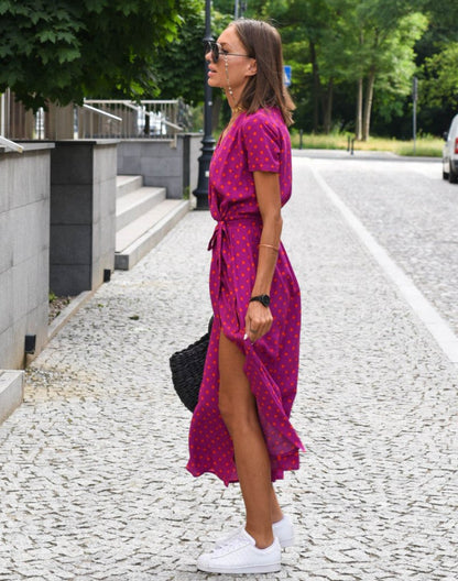 Botanical Print Cotton Wrap Midi Dress with Waist Tie
