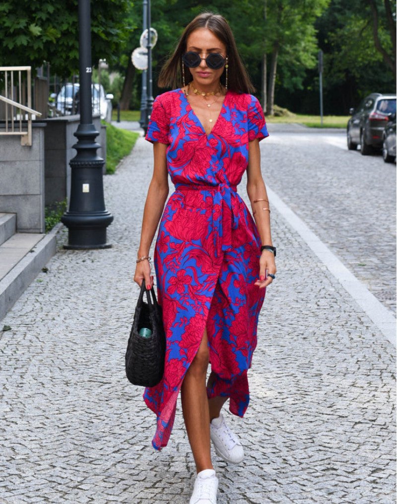 Botanical Print Cotton Wrap Midi Dress with Waist Tie