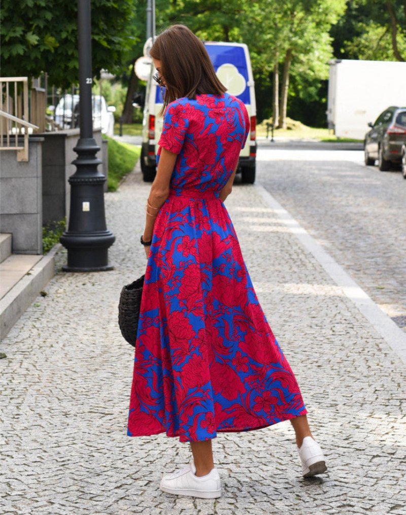 Botanical Print Cotton Wrap Midi Dress with Waist Tie