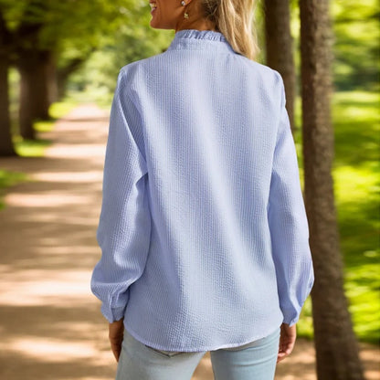 Ruffle-Placket Cotton Long Sleeve Shirt