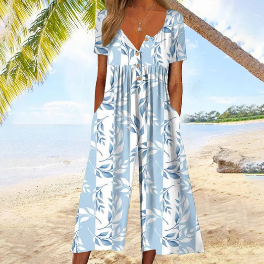 Short Sleeve Cotton Culotte Jumpsuit with Button Front